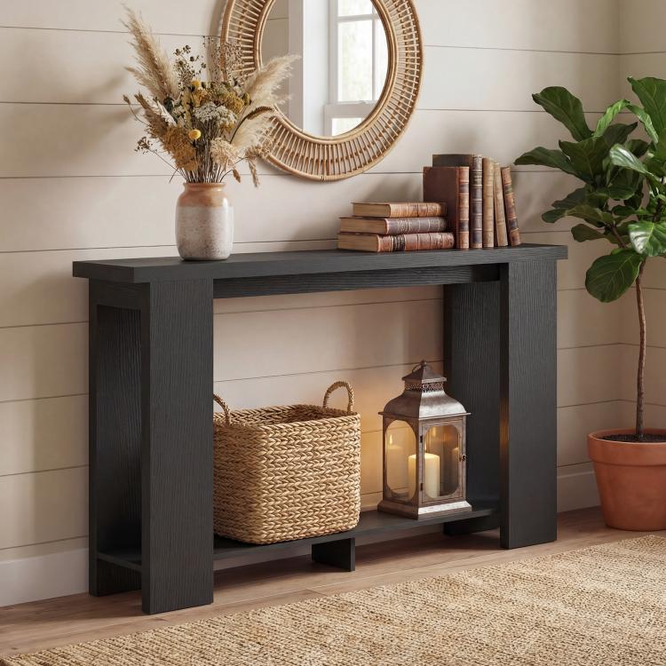 Distressed black console table with thick top and lower open shelf for lantern and basket