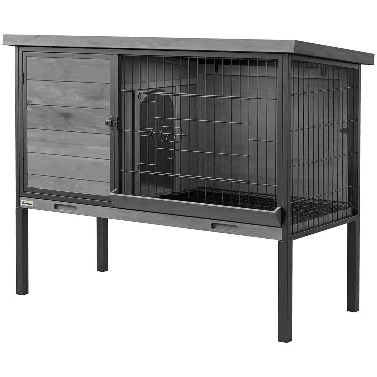 Raised wooden rabbit hutch with wire front enclosure and large sliding side door