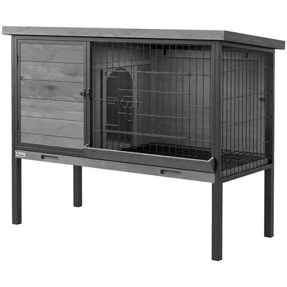 Raised wooden rabbit hutch with wire front enclosure and large sliding side door