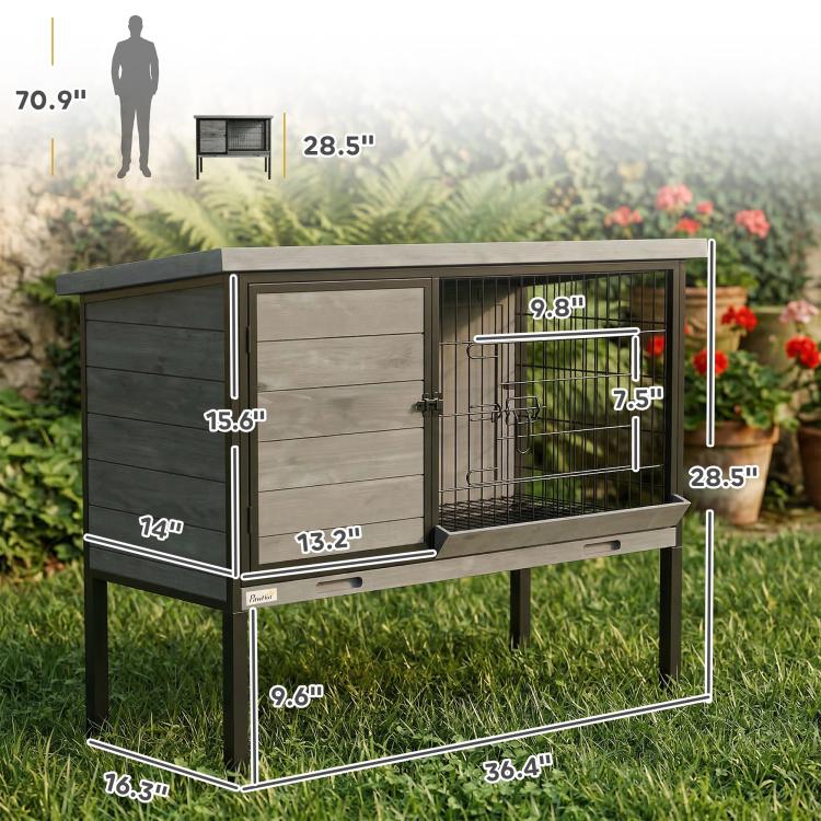 Rabbit hutch size diagram showing raised frame and front slide-out tray