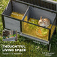 Rabbit hutch interior with divided run and resting area, hay bedding inside