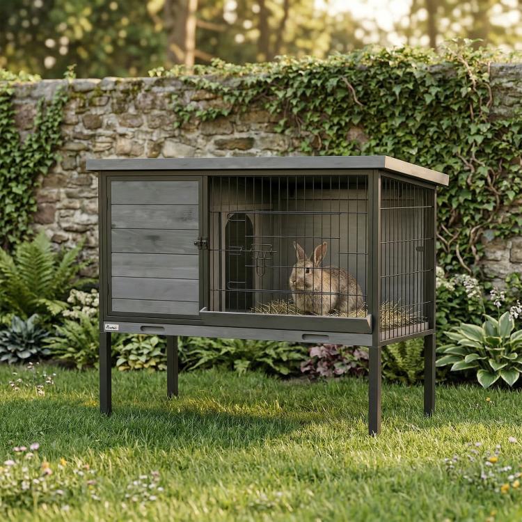 Outdoor raised rabbit hutch with wire front enclosure and wooden side panel; rabbit inside