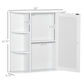 White wall cabinet with hinged mirrored door and multiple interior storage shelves
