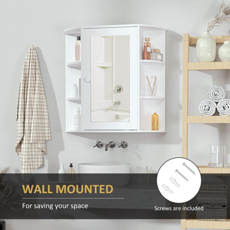 White mirrored medicine cabinet with open door and multiple interior storage compartments