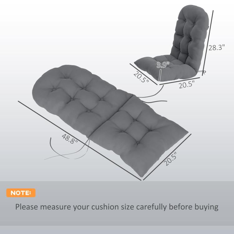 Tufted gray high-back chair cushion set with quilted channels and size dimensions