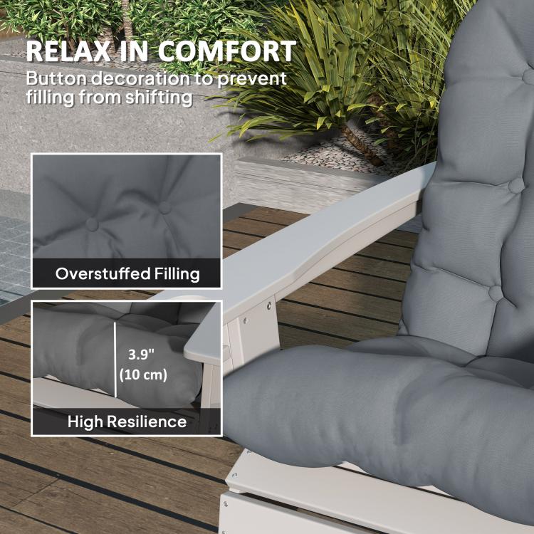 Gray tufted high-back patio chair cushion on chair, buttoned channels for support