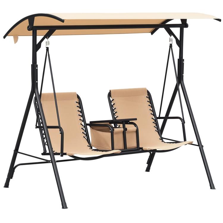 Beige two-person porch swing with canopy, sling seats, and black metal frame
