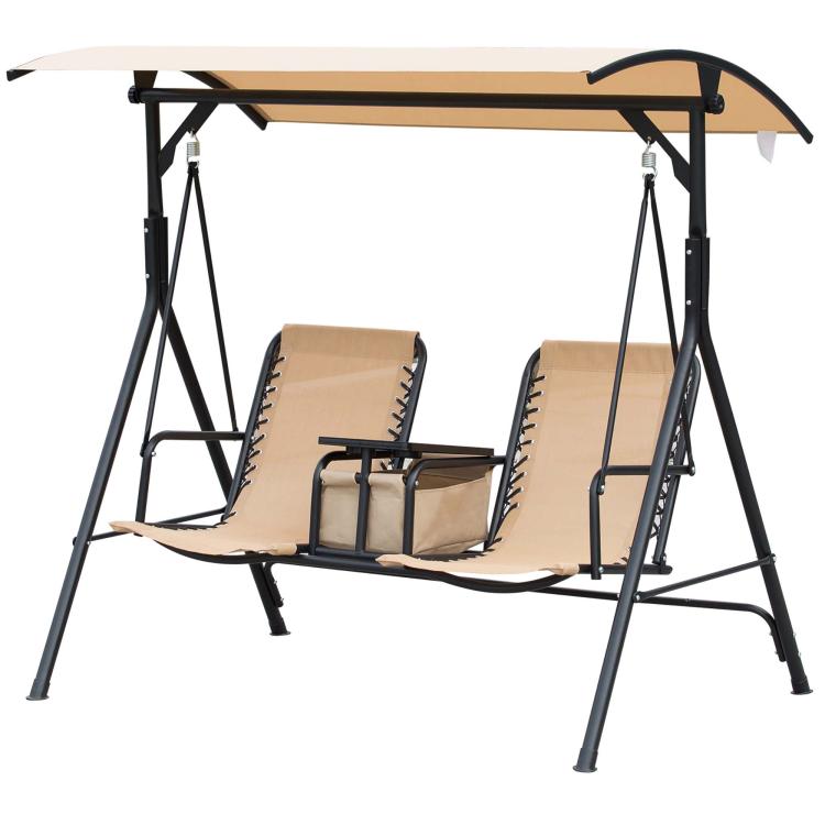 Beige two-person porch swing with canopy and center storage table, black frame