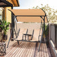 Two-person porch swing with beige sling seats under curved canopy, black steel frame