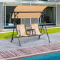 Beige two-person porch swing with canopy, sling seats, and sturdy metal side frame