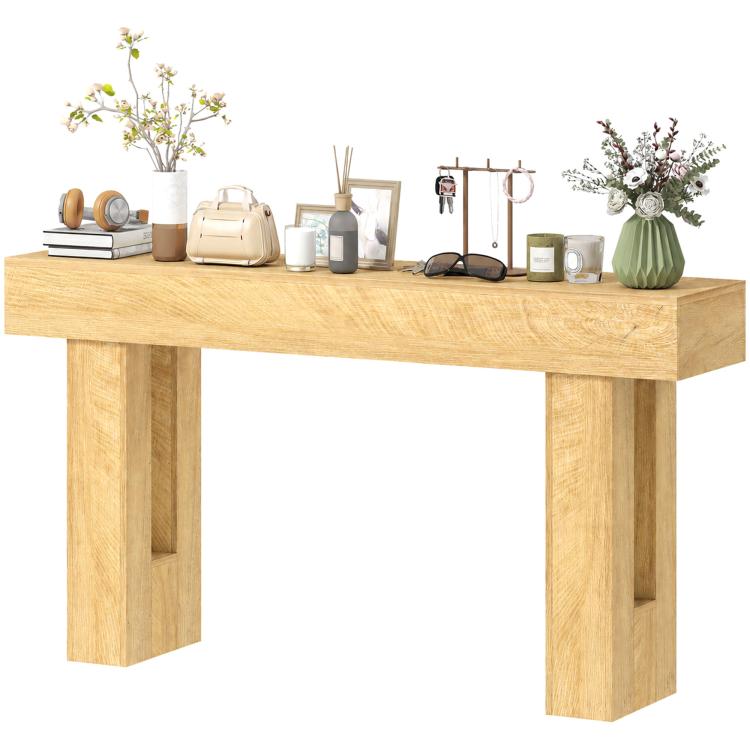 Oak console table with thick rectangular top and side panels