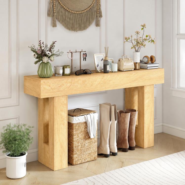 Oak sofa table with thick top and vertical frame legs