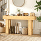 Oak console table with thick tabletop, four posts, and open lower space