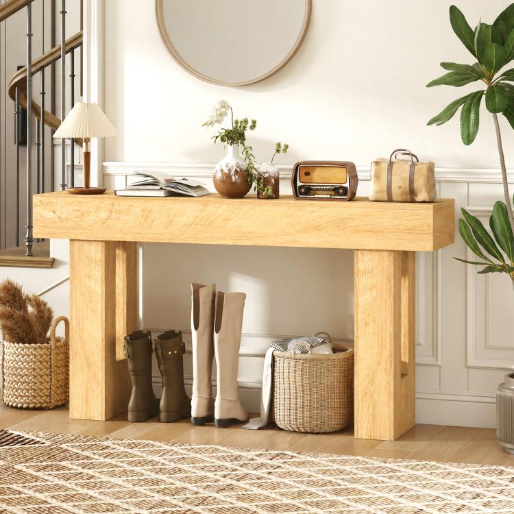 Oak console table with thick tabletop, four posts, and open lower space