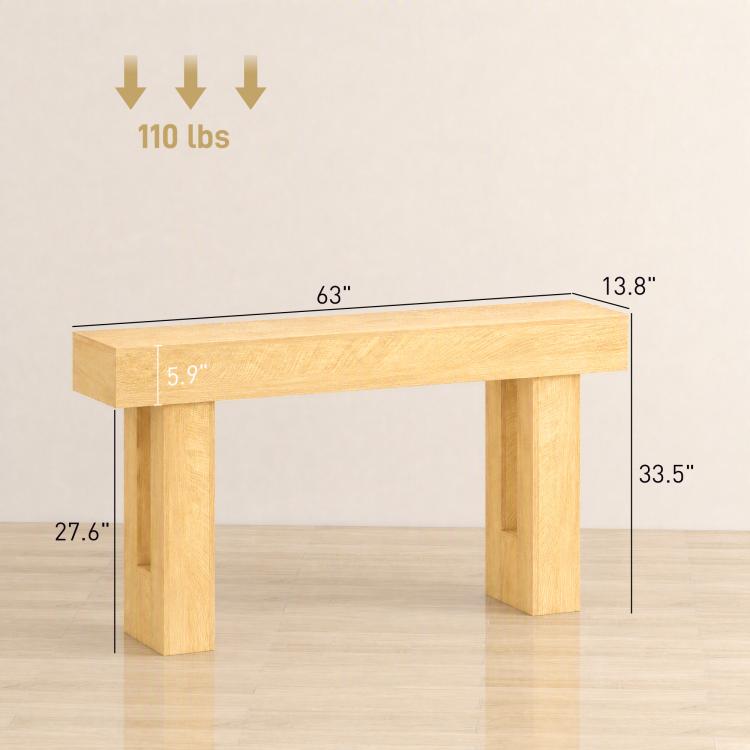 Oak console table with 63 in length and thick tabletop
