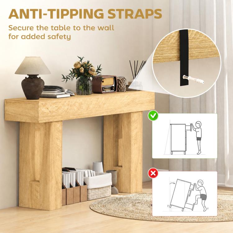 Oak console table with anti-tipping straps and secure wall support