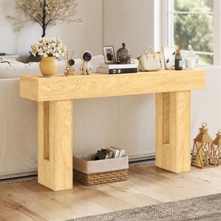 Oak console table with thick top and side cutout shelf