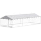 Outdoor dog kennel with silver frame, chain-link sides, and white covered roof