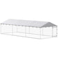 Silver outdoor dog kennel with slanted roof and chain-link sides
