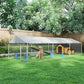 Outdoor dog kennel with dogs and play accessories behind chain-link fence and roof