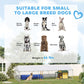 Outdoor dog kennel shown with breed suitability graphic and capacity info