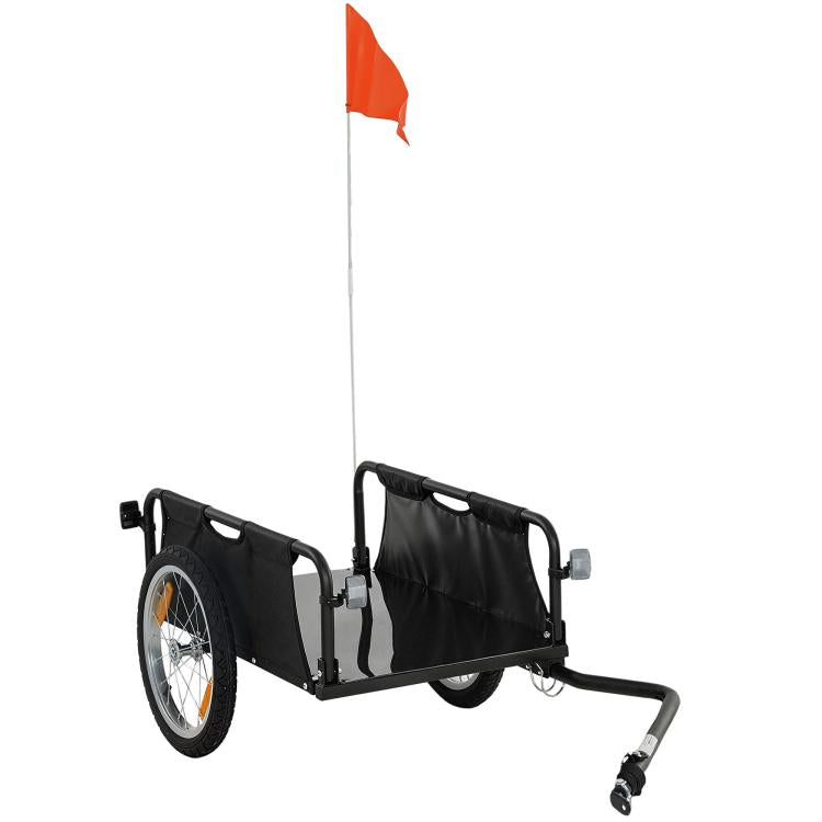 Black bike cargo trailer with open fabric bed, 16-inch pneumatic wheels, red safety flag