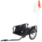 Black bike cargo trailer with open mesh bed, 16-inch pneumatic wheels, metal frame, red flag