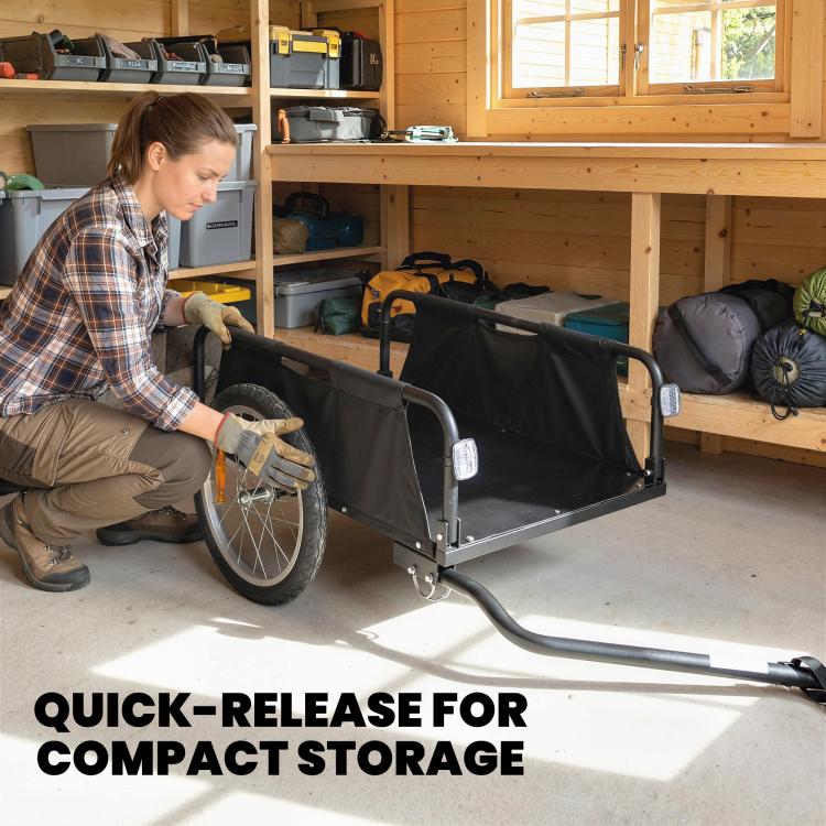 Black bike cargo trailer wagon with black fabric bed, gray frame, pneumatic wheels
