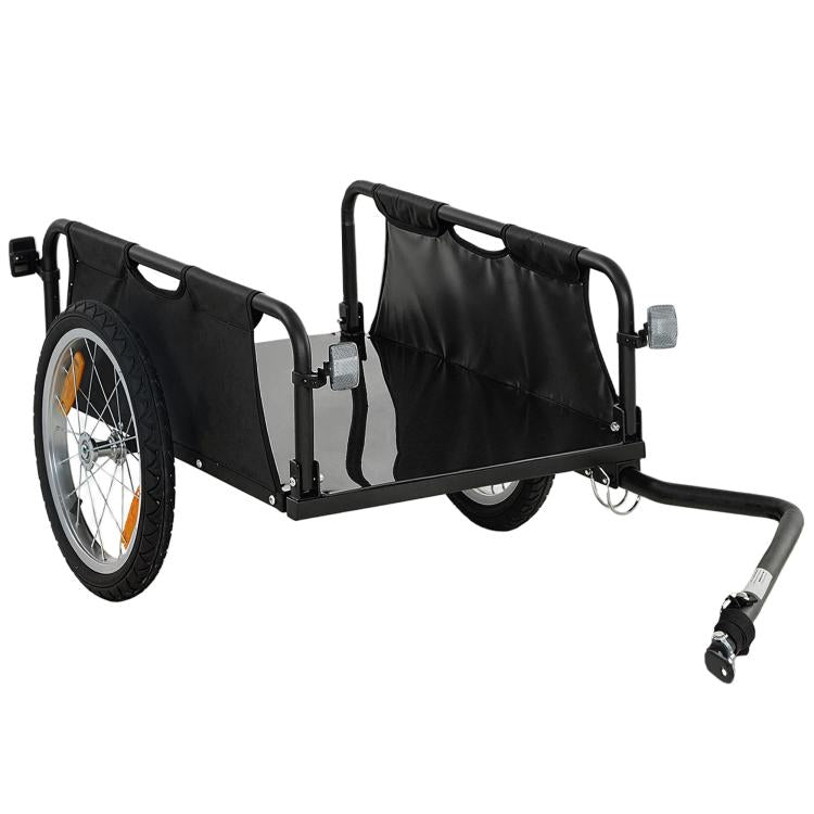 Black bicycle cargo trailer with black fabric side panels, gray frame, hitch and wheels