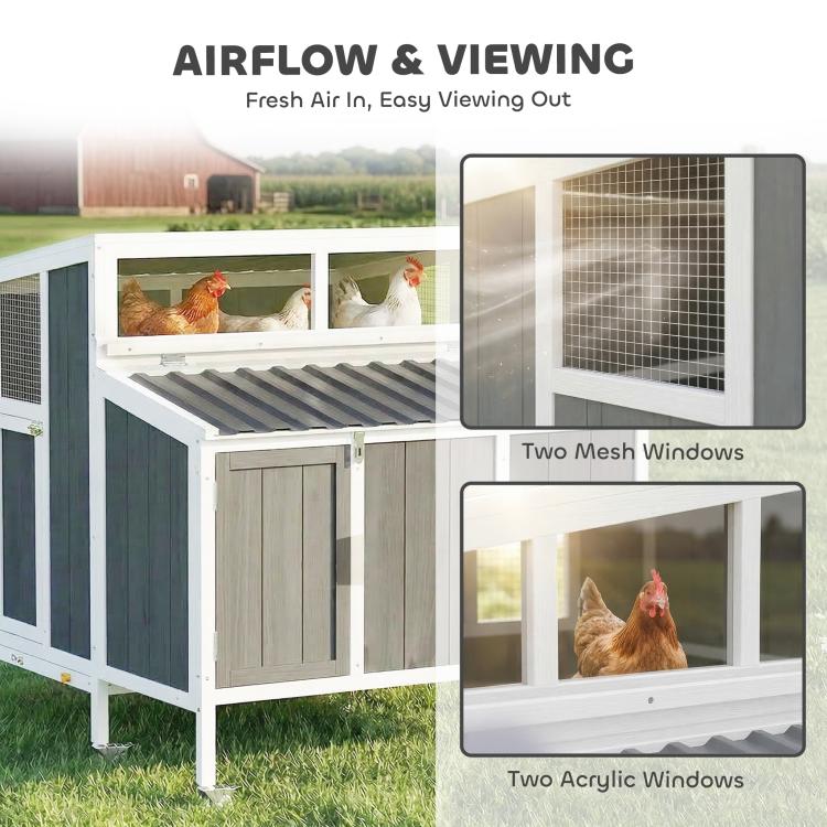 Wooden chicken coop with two mesh windows and two acrylic windows for airflow