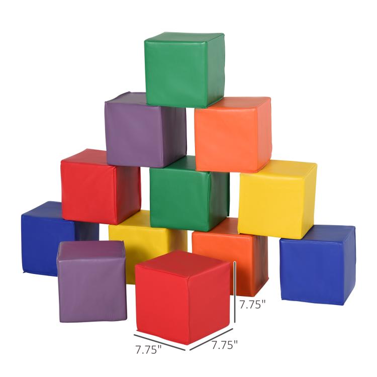 Colorful foam cube blocks stacked in a pyramid, front view with size markings