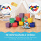Colorful foam cube blocks around a white play tent, arranged for stacking