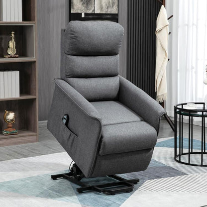 Gray electric lift recliner chair with cushioned armrests and side pocket