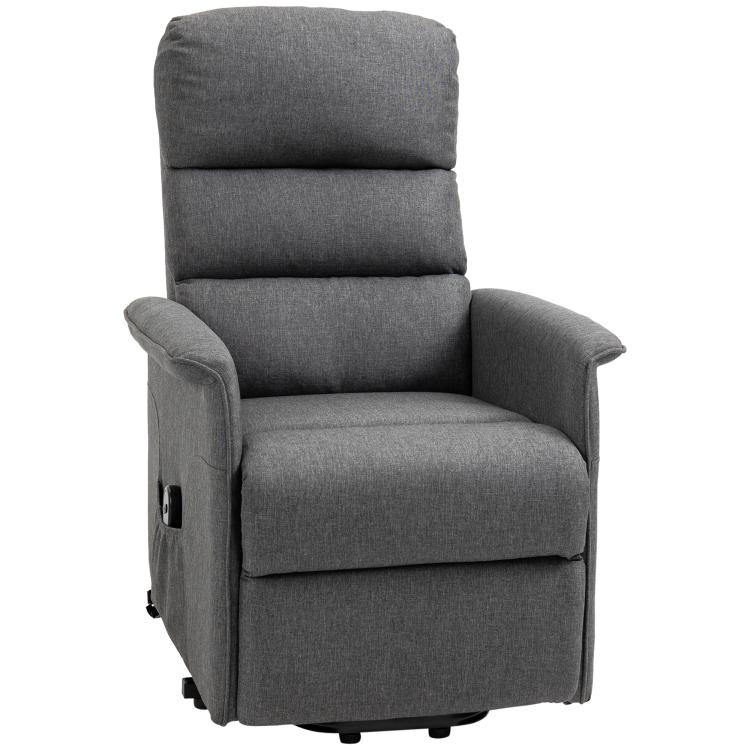 Gray lift recliner chair, padded back and seat with side pocket