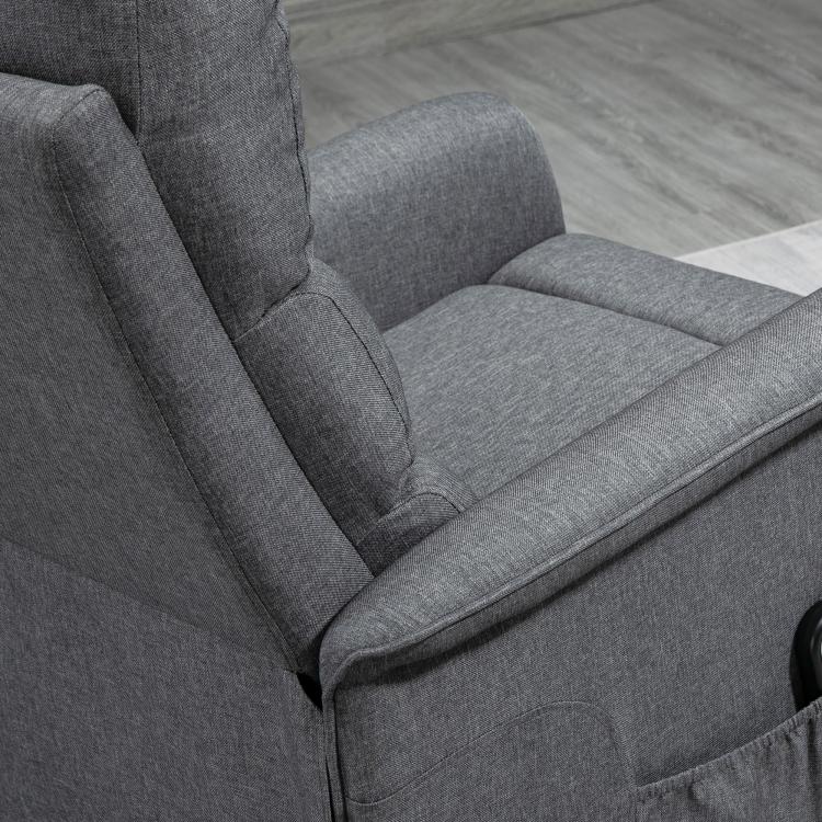 Gray fabric lift recliner chair with padded armrests and reclined seat