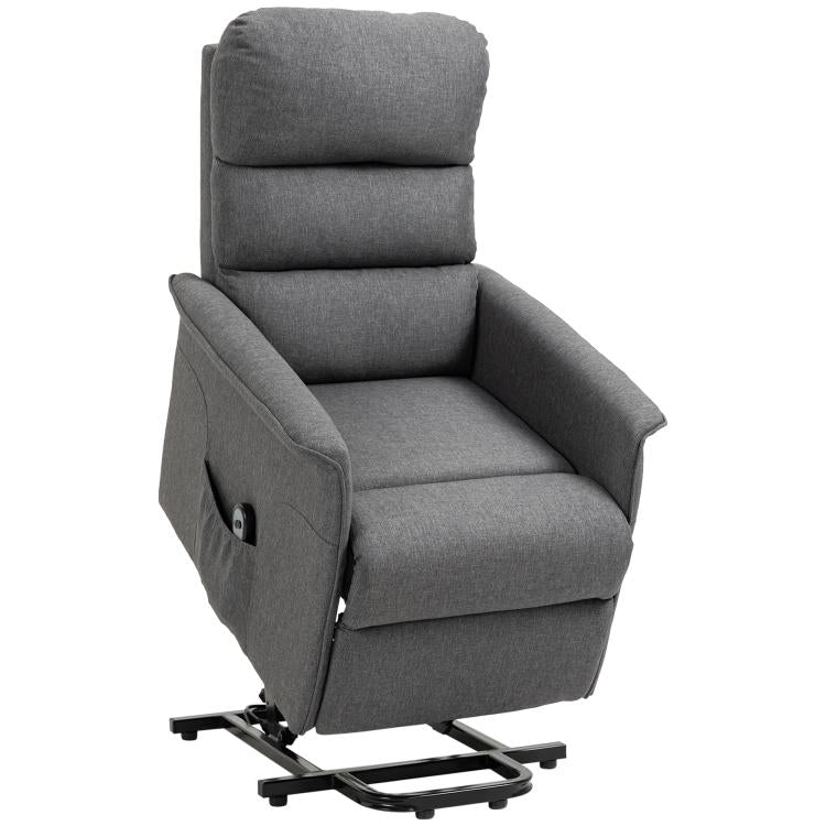 Gray electric lift recliner chair with headrest, recline back, and lift base