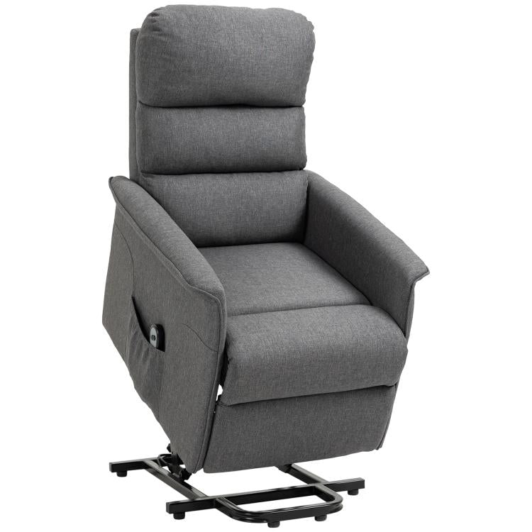 Gray lift recliner chair reclined, wide padded seat and armrest