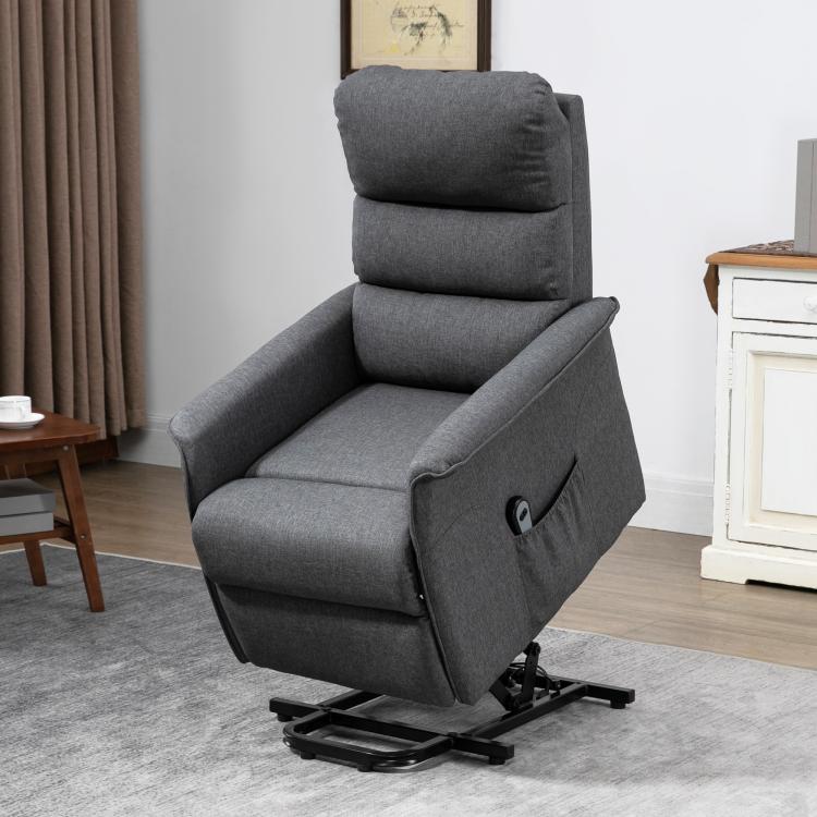 Gray electric lift recliner chair lifting posture, upholstered footrest extended