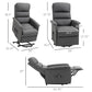 Gray lift recliner chair with labeled height and width measurements