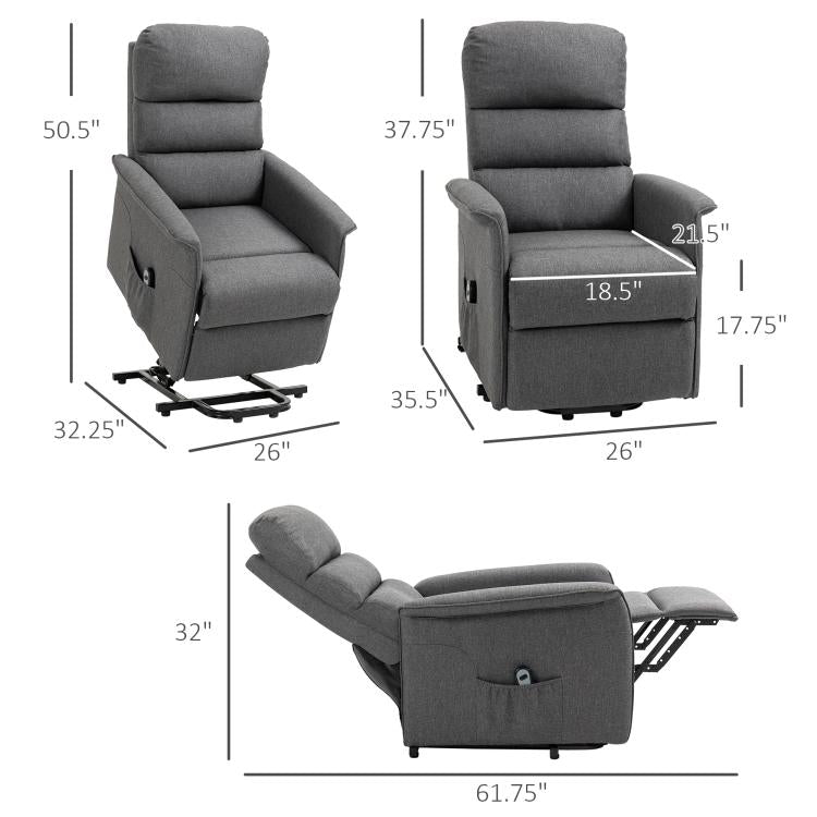 Gray lift recliner chair with labeled height and width measurements