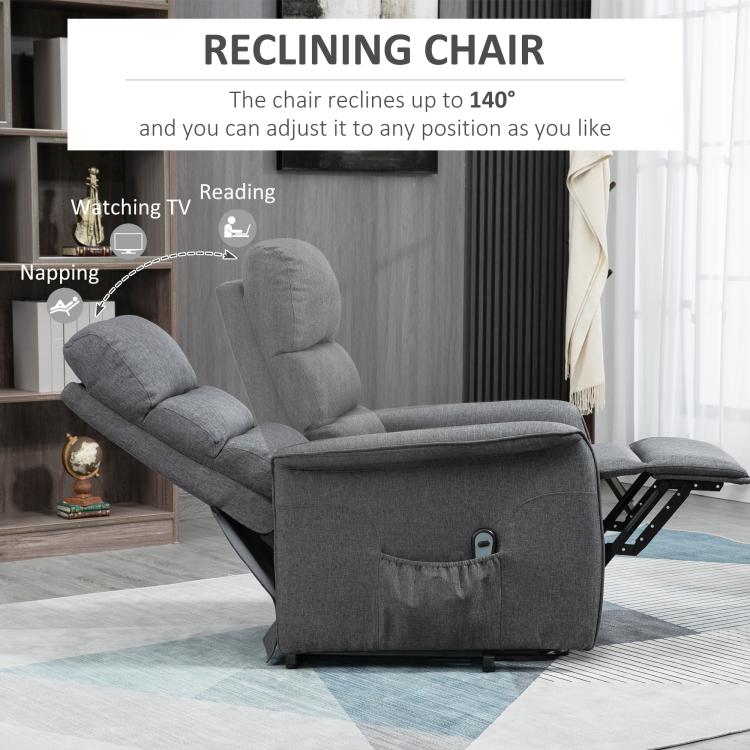 Gray recline lift chair with headrest and extendable footrest