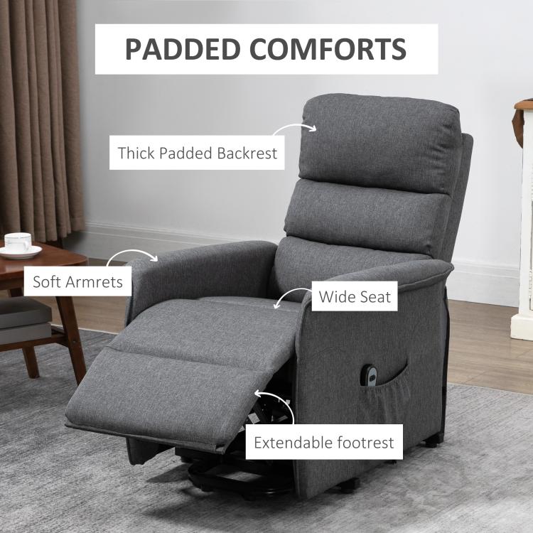Gray lift recliner chair with thick backrest, soft armrests, wide seat, footrest
