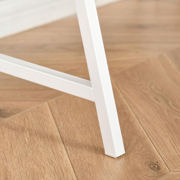 Light wood desk with white metal leg and lower shelf frame