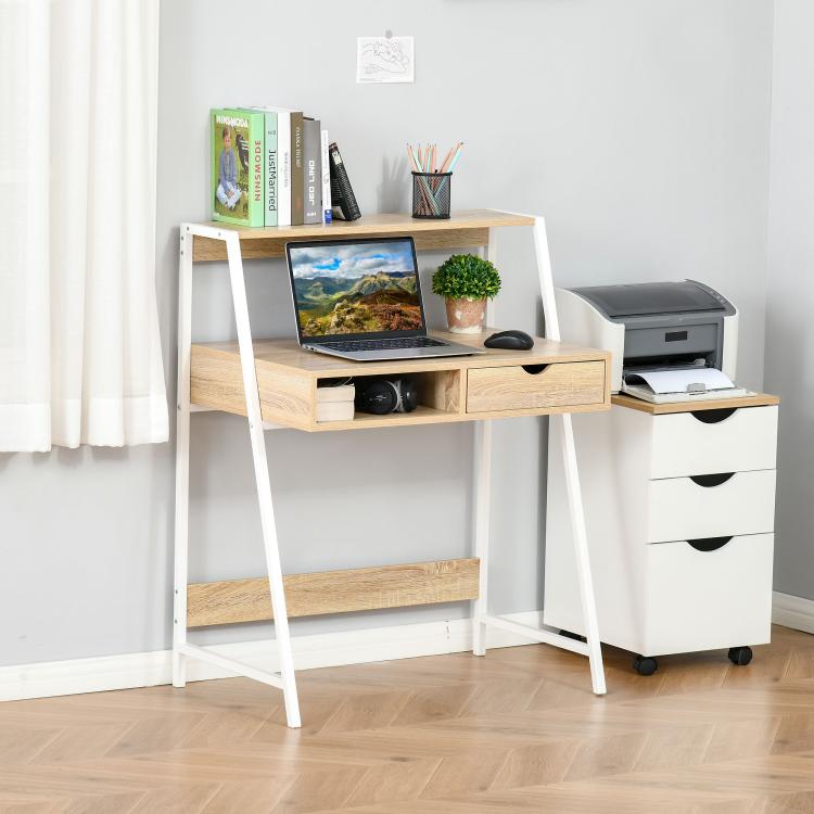 Natural wood desk with two open shelves, wide drawer, and white metal-style legs