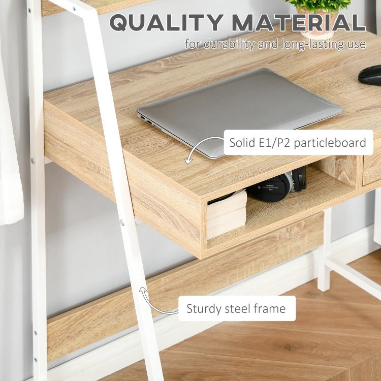 Natural wood desk with open lower compartment and sturdy white steel frame
