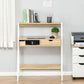 Natural wood desk with upper shelf, open storage, and drawer with black pull