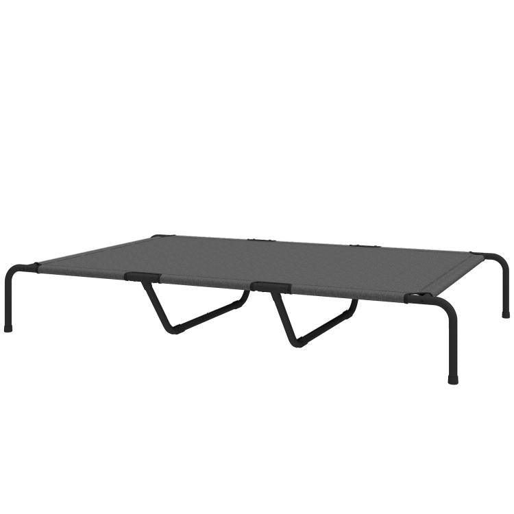 Gray elevated dog bed with black metal frame, mesh top, and low profile legs