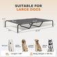 Dog bed size chart for large dogs, gray mesh top on black metal frame diagram