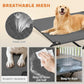 Breathable gray mesh elevated dog bed with black metal frame and rounded corner braces
