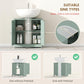 Green under-sink cabinet with two doors, shown opened with storage inside and measures